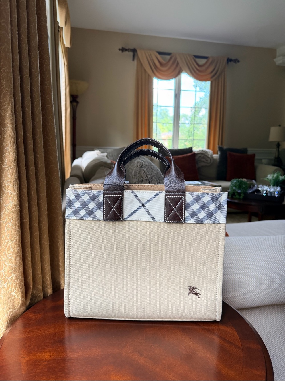 Burberry Blue Label Beige Canvas Nova Check Leather Handle Tote Bag